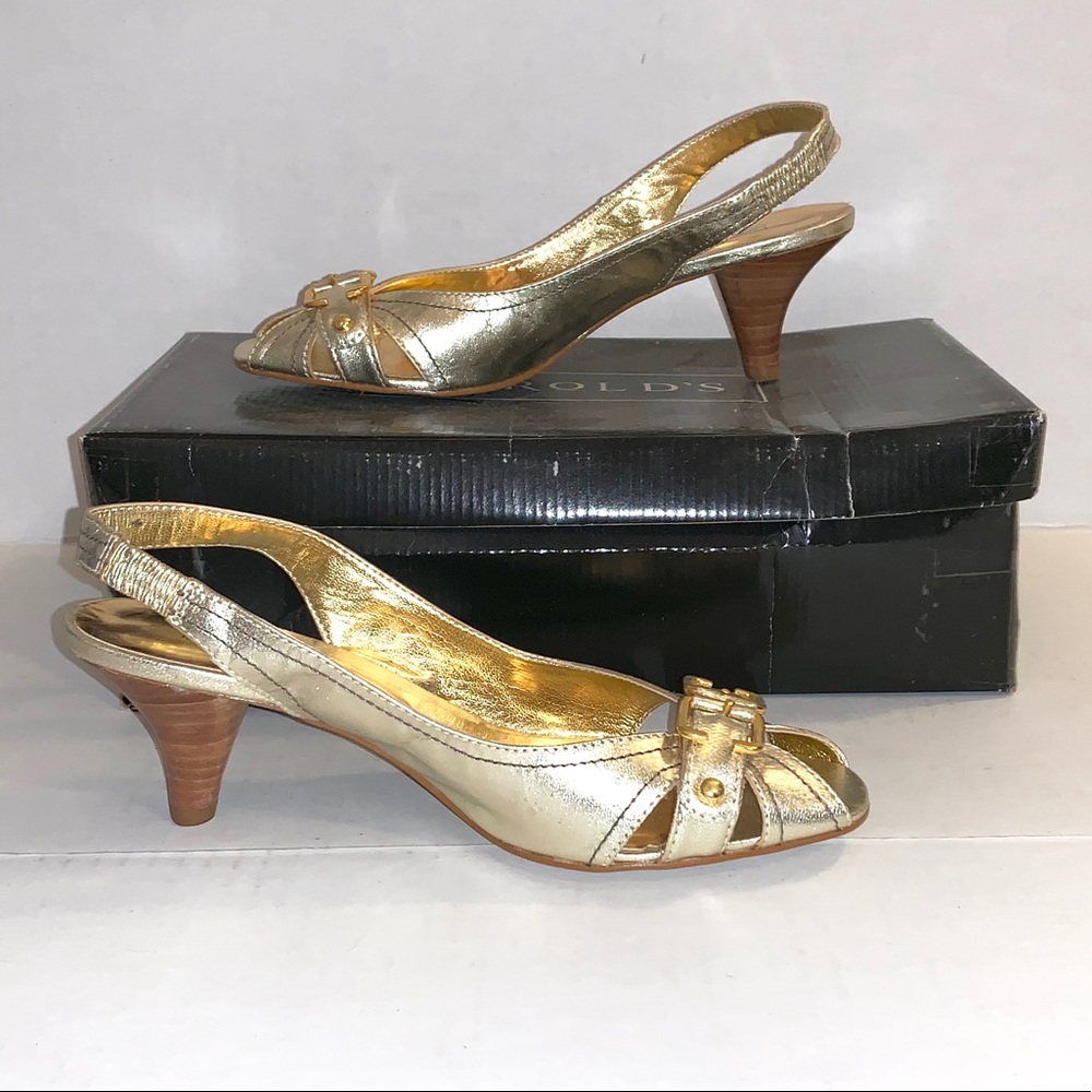 Harold’s Gold Metalic Sling-back Peep-toe Heels